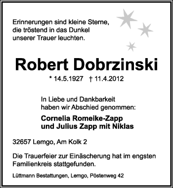 Anzeige  Robert Dobrzinski  Lippische Landes-Zeitung