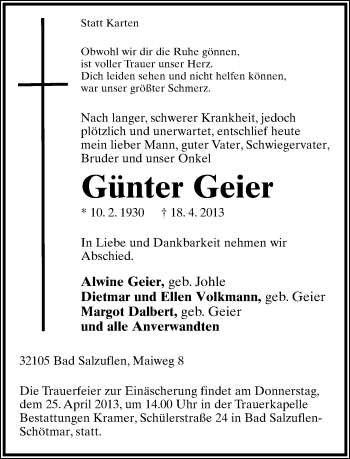 Anzeige  Günter Geier  Lippische Landes-Zeitung