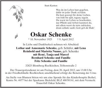 Anzeige  Oskar Schenke  Lippische Landes-Zeitung