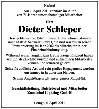Anzeige  Dieter Schleper  Lippische Landes-Zeitung