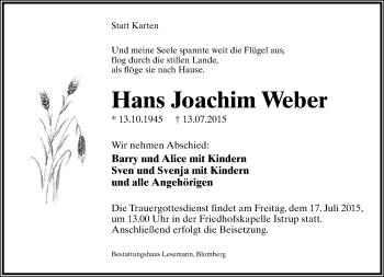 Anzeige  Hans Joachim Weber  Lippische Landes-Zeitung