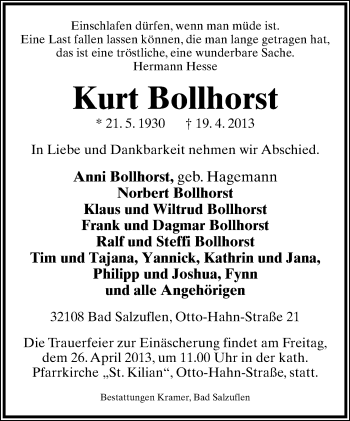 Anzeige  Kurt Bollhorst  Lippische Landes-Zeitung