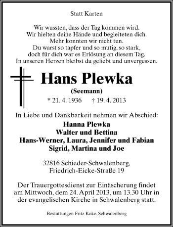 Anzeige  Hans Plewka  Lippische Landes-Zeitung
