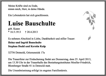 Anzeige  Luise Bauschulte  Lippische Landes-Zeitung