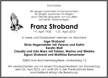 Anzeige  Franz Stroband  Lippische Landes-Zeitung