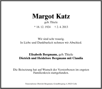 Anzeige  Margot Katz  Lippische Landes-Zeitung