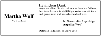 Anzeige  Martha Wolf  Lippische Landes-Zeitung