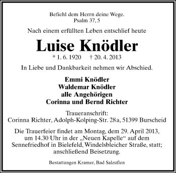 Anzeige  Luise Knödler  Lippische Landes-Zeitung