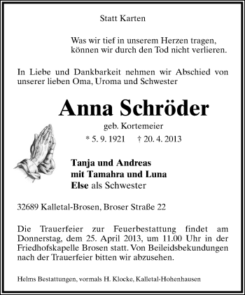 Anzeige  Anna Schröder  Lippische Landes-Zeitung