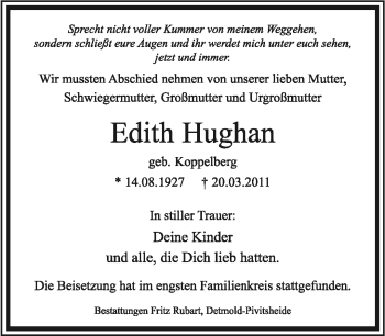 Anzeige  Edith Hughan  Lippische Landes-Zeitung