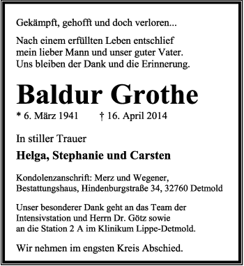 Anzeige  Baldur Grothe  Lippische Landes-Zeitung