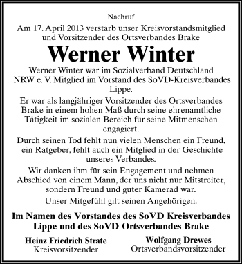 Anzeige  Werner Winter  Lippische Landes-Zeitung