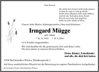 Anzeige  Irmgard Mügge  Lippische Landes-Zeitung