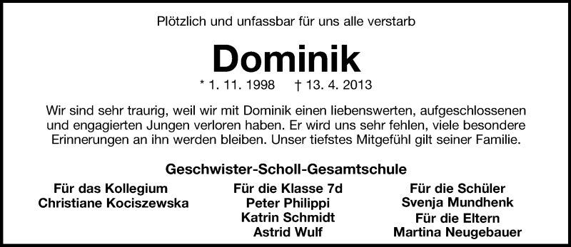  Traueranzeige für Dominik  vom 23.04.2013 aus Lippische Landes-Zeitung