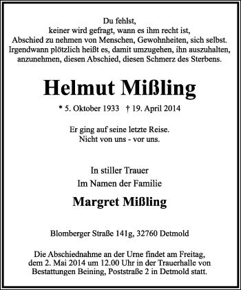 Anzeige  Helmut Mißling  Lippische Landes-Zeitung