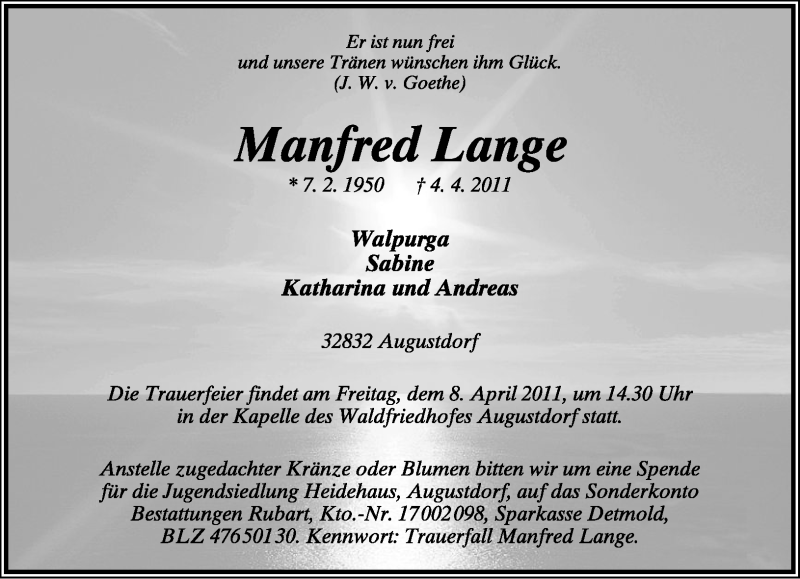  Traueranzeige für Manfred Lange vom 06.04.2011 aus Lippische Landes-Zeitung