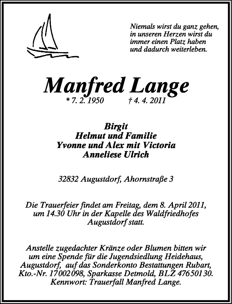  Traueranzeige für Manfred Lange vom 06.04.2011 aus Lippische Landes-Zeitung