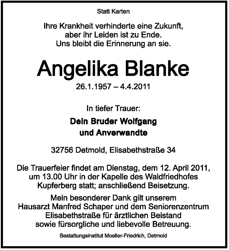  Traueranzeige für Angelika Blanke vom 06.04.2011 aus Lippische Landes-Zeitung