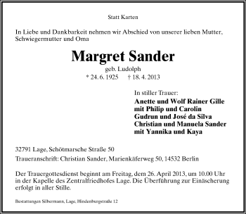Anzeige  Margret Sander  Lippische Landes-Zeitung