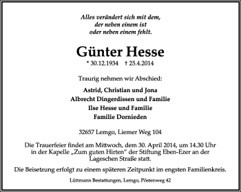 Anzeige  Günter Hesse  Lippische Landes-Zeitung