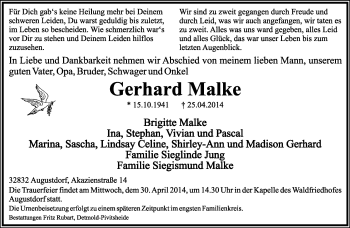 Anzeige  Gerhard Malke  Lippische Landes-Zeitung