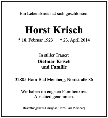 Anzeige  Horst Krisch  Lippische Landes-Zeitung