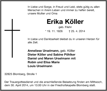 Anzeige  Erika Köller  Lippische Landes-Zeitung