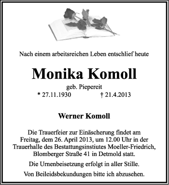 Anzeige  Monika Komoll  Lippische Landes-Zeitung