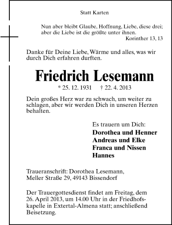 Anzeige  Friedrich Lesemann  Lippische Landes-Zeitung