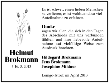 Anzeige  Helmut Brokmann  Lippische Landes-Zeitung