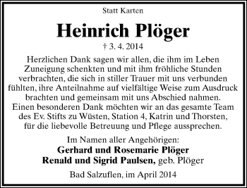 Anzeige  Heinrich Plöger  Lippische Landes-Zeitung