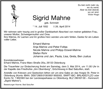 Anzeige  Sigrid Mahne  Lippische Landes-Zeitung