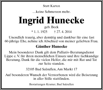 Anzeige  Ingrid Hunecke  Lippische Landes-Zeitung