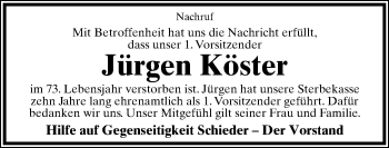 Anzeige  Jürgen Köster  Lippische Landes-Zeitung