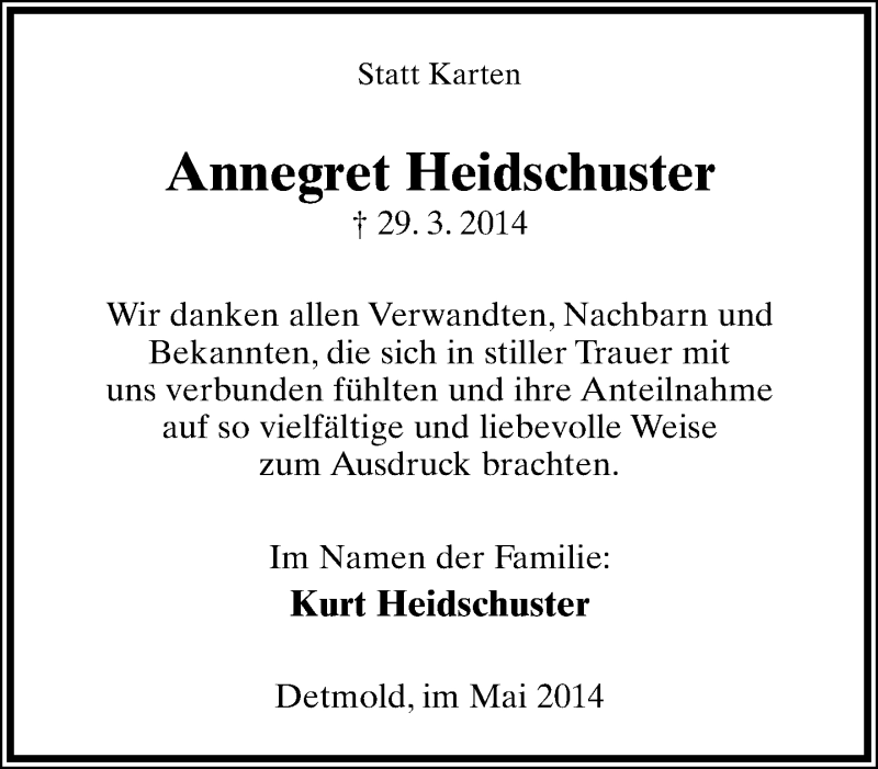  Traueranzeige für Annegret Heidschuster vom 03.05.2014 aus Lippische Landes-Zeitung
