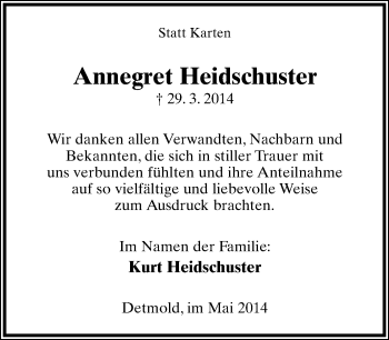 Anzeige  Annegret Heidschuster  Lippische Landes-Zeitung