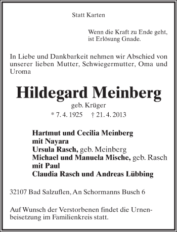 Anzeige  Hildegard Meinberg  Lippische Landes-Zeitung