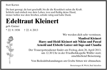 Anzeige  Edeltraut Kleinert  Lippische Landes-Zeitung