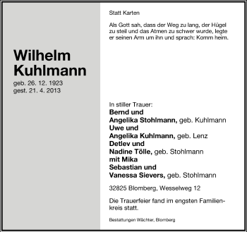 Anzeige  Wilhelm Kuhlmann  Lippische Landes-Zeitung