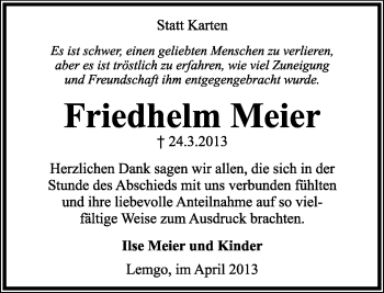 Anzeige  Friedhelm Meier  Lippische Landes-Zeitung