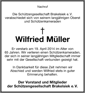 Anzeige  Wilfried Müller  Lippische Landes-Zeitung