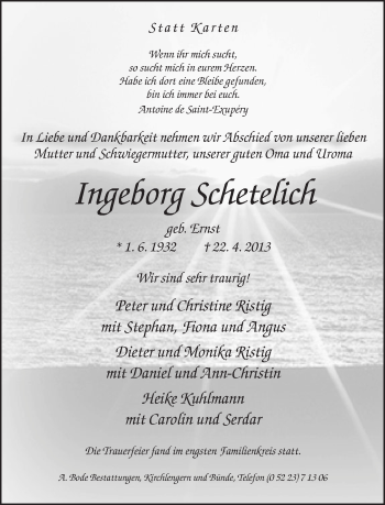 Anzeige  Ingeborg Schetelich  Lippische Landes-Zeitung