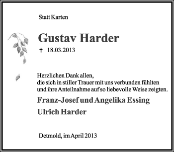 Anzeige  Gustav Harder  Lippische Landes-Zeitung