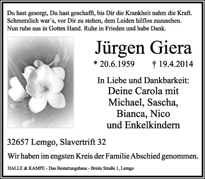  Traueranzeige für Jürgen Giera vom 03.05.2014 aus Lippische Landes-Zeitung