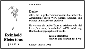 Anzeige  Reinhold Meiertöns  Lippische Landes-Zeitung