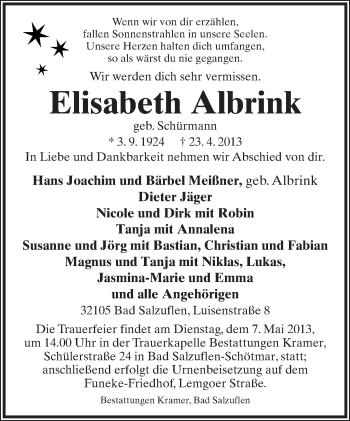 Anzeige  Elisabeth Albrink  Lippische Landes-Zeitung