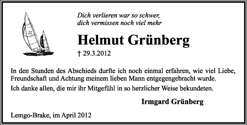  Traueranzeige für Helmut Grünberg vom 21.04.2012 aus Lippische Landes-Zeitung