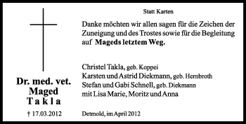 Anzeige  Maged Takla  Lippische Landes-Zeitung
