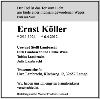 Anzeige  Ernst Köller  Lippische Landes-Zeitung