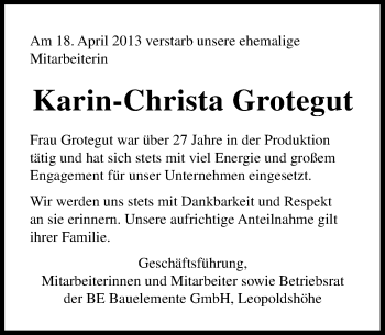 Anzeige  Karin-Christa Grotegut  Lippische Landes-Zeitung